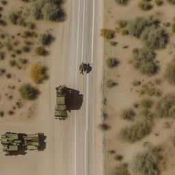 aerial view on 2 armored vehicles on a one-lane freeway followed by 10 combatants in military fatigue