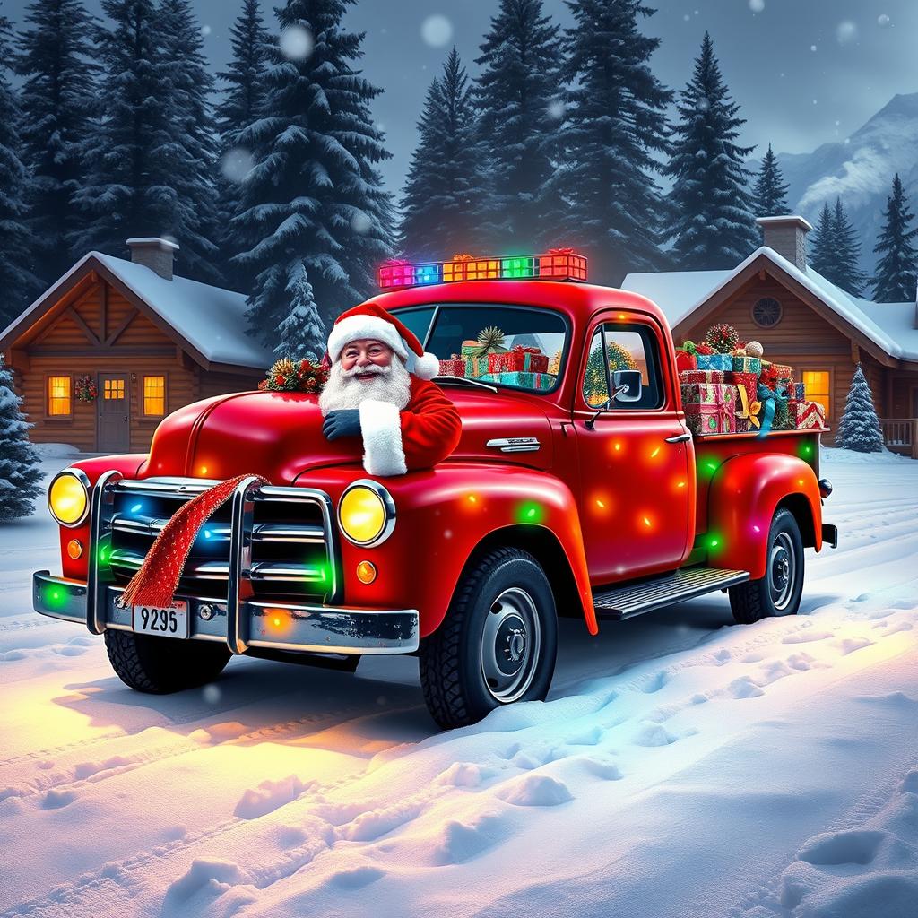 A festive red truck adorned with colorful Christmas lights, parked in a snowy winter scene