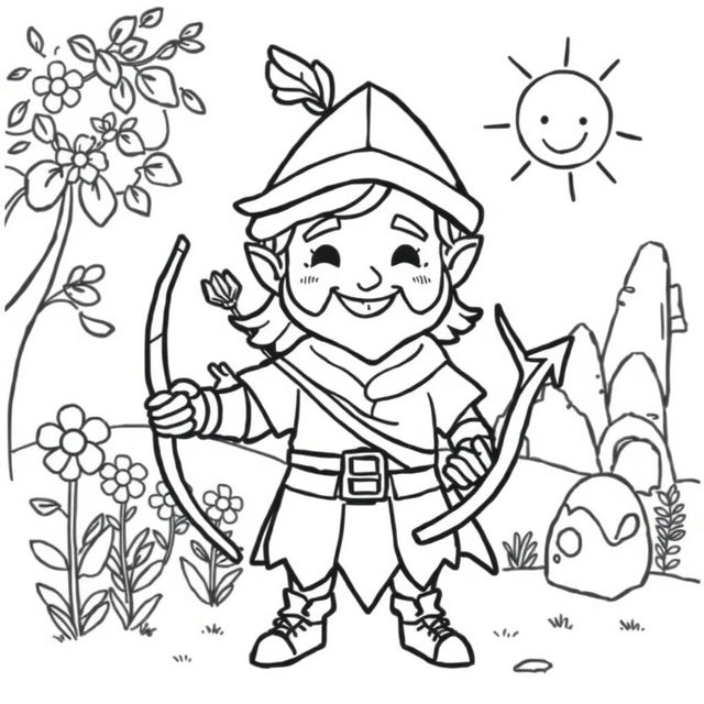 A cute-style illustration of a medieval man reminiscent of Robin Hood, designed for a children's coloring book