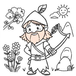 A cute-style illustration of a medieval man reminiscent of Robin Hood, designed for a children's coloring book
