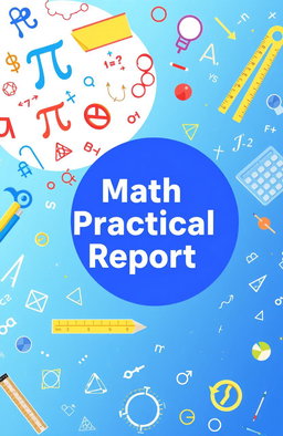 A vibrant and engaging cover page design for a math practical report, featuring an artistic illustration of mathematical symbols and equations like pi, integrals, and graphs