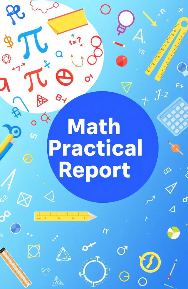 A vibrant and engaging cover page design for a math practical report, featuring an artistic illustration of mathematical symbols and equations like pi, integrals, and graphs