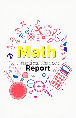 A vibrant and engaging cover page design for a math practical report, featuring an artistic illustration of mathematical symbols and equations like pi, integrals, and graphs