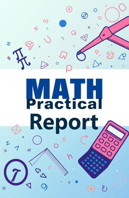 A vibrant and engaging cover page design for a math practical report, featuring an artistic illustration of mathematical symbols and equations like pi, integrals, and graphs