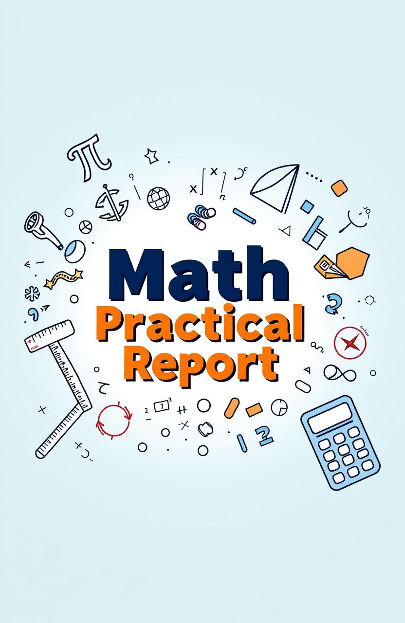 A vibrant and engaging cover page design for a math practical report, featuring an artistic illustration of mathematical symbols and equations like pi, integrals, and graphs