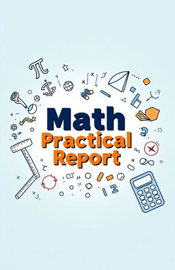 A vibrant and engaging cover page design for a math practical report, featuring an artistic illustration of mathematical symbols and equations like pi, integrals, and graphs