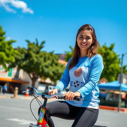 A young Argentine woman is sitting on a bicycle, dressed in a long sleeve shirt featuring designs of the Argentine flag and soccer balls