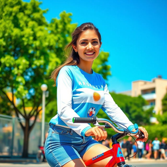 A young Argentine woman is sitting on a bicycle, dressed in a long sleeve shirt featuring designs of the Argentine flag and soccer balls