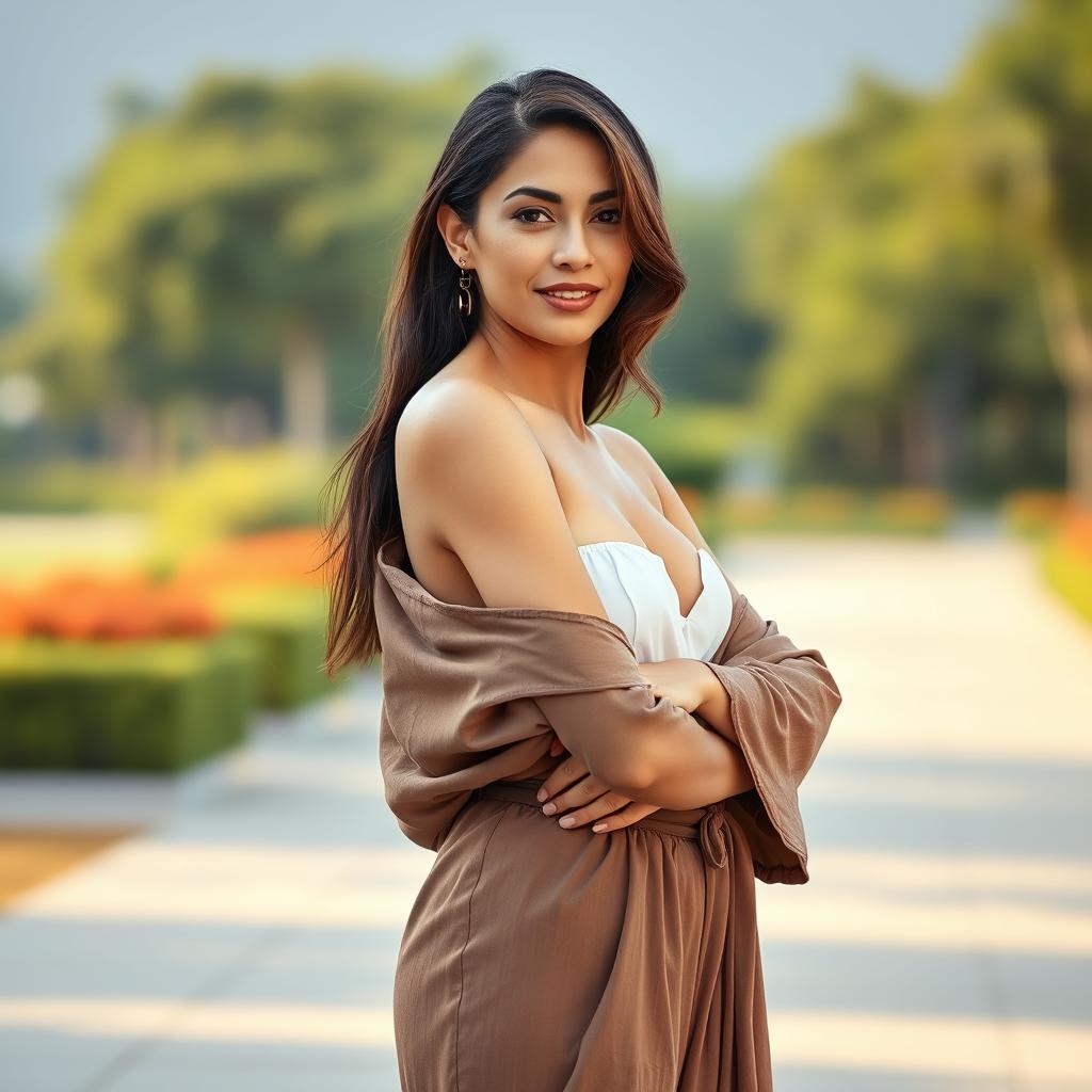 A beautiful Latin woman aged between 35 and 40, posing full body in a fashionable outfit that covers all parts of her body