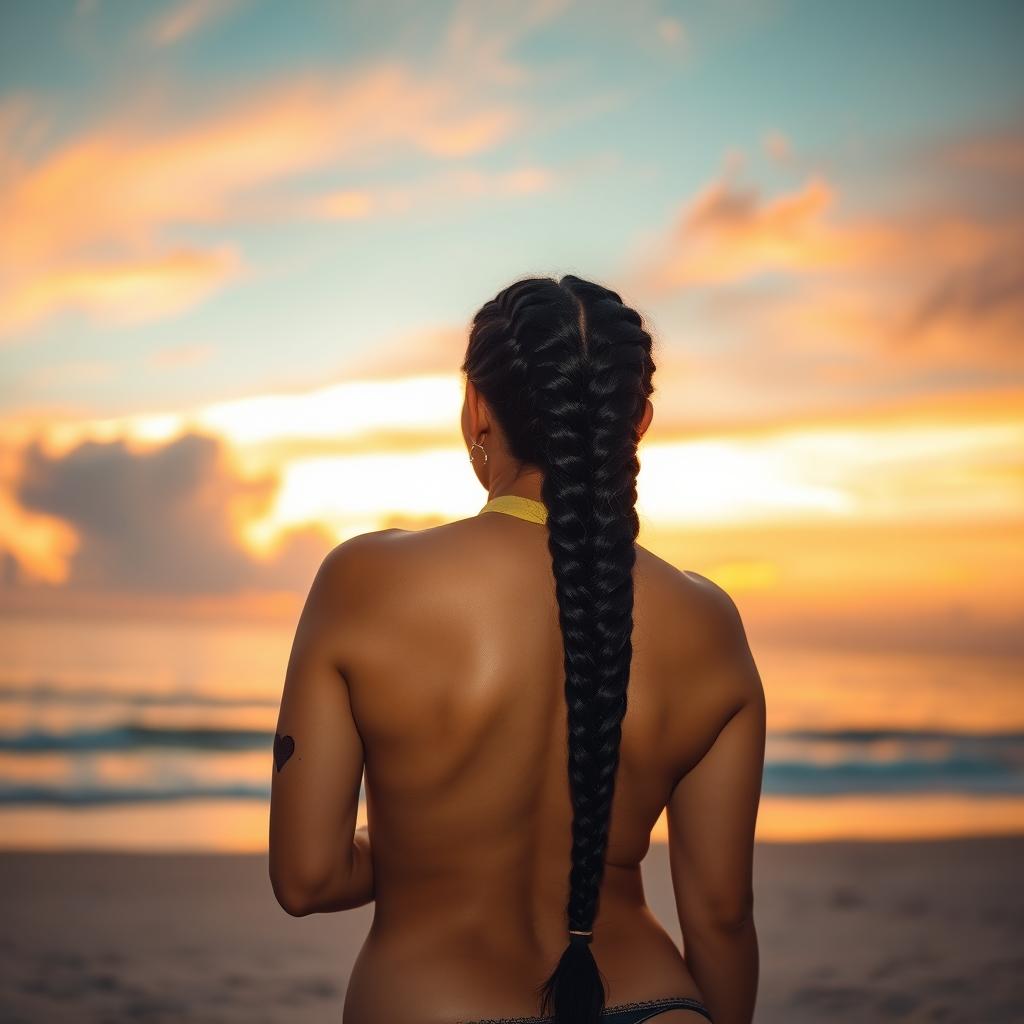 A beautiful, tanned woman with long black braided hair, viewed from the back