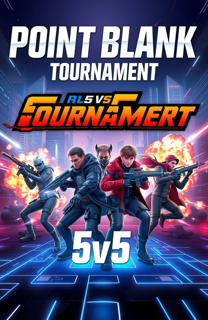 A dynamic and engaging cover design for a 5vs5 Point Blank tournament, featuring a futuristic battlefield with intense action