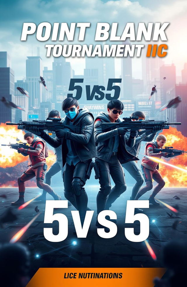 A dynamic and engaging cover design for a 5vs5 Point Blank tournament, featuring a futuristic battlefield with intense action