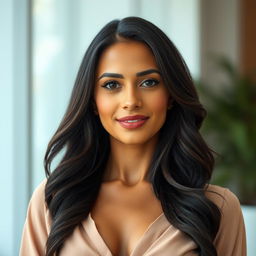 A stunning portrait of a 35-year-old Latina woman, showcasing her upper body