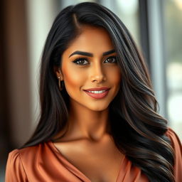 A stunning portrait of a 35-year-old Latina woman, showcasing her upper body