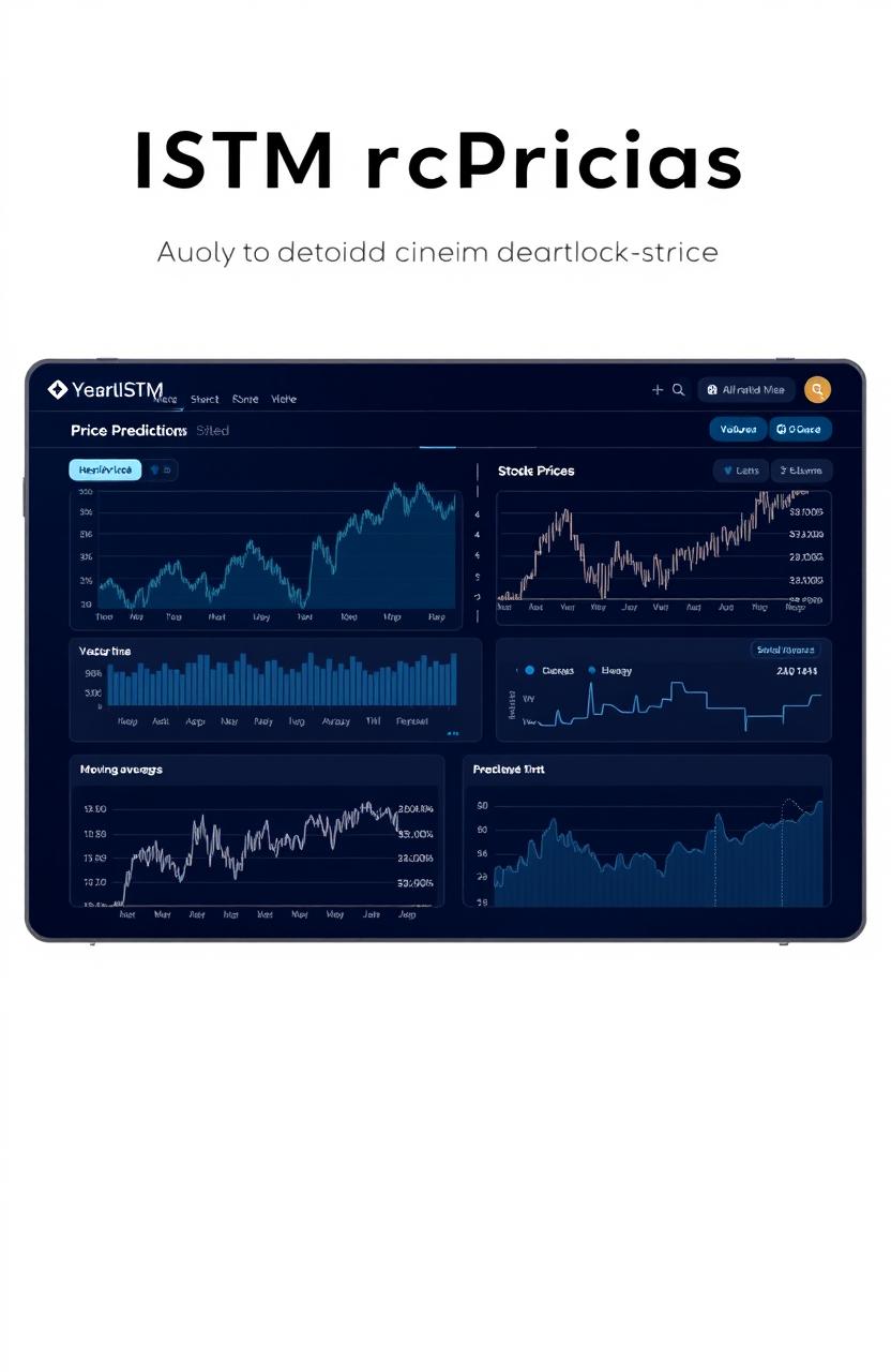 A sleek, modern data visualization dashboard showcasing stock price predictions using LSTM (Long Short-Term Memory) models