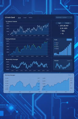 A sleek, modern data visualization dashboard showcasing stock price predictions using LSTM (Long Short-Term Memory) models