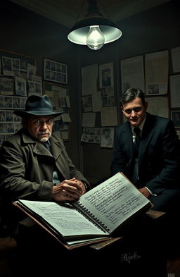 A tense scene in a dimly lit interrogation room featuring a rugged detective with a determined expression, sitting across from a calm, collected serial killer who's wearing a sly smile