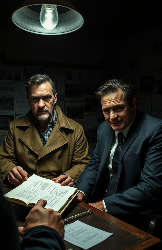 A tense scene in a dimly lit interrogation room featuring a rugged detective with a determined expression, sitting across from a calm, collected serial killer who's wearing a sly smile