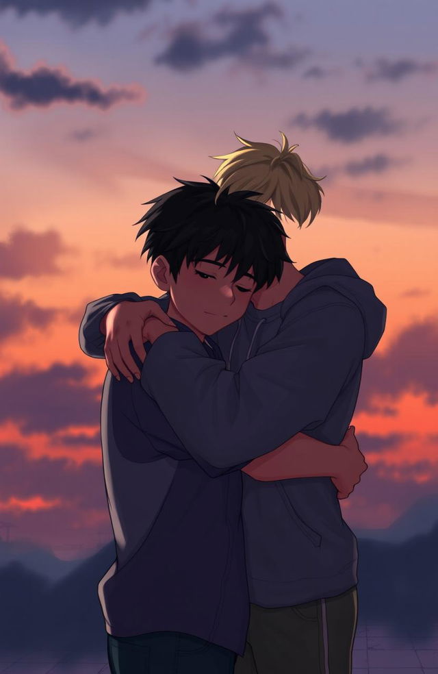 A dramatic scene depicting two young teenage boys sharing a warm hug under a dimming evening sky