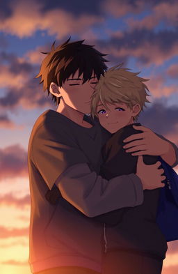 A dramatic scene depicting two young teenage boys sharing a warm hug under a dimming evening sky