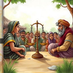 A captivating cover page depicting a rural panchayat scene, where Khala, Jumman Miyan, and Alguh Chaudhary are seated face to face