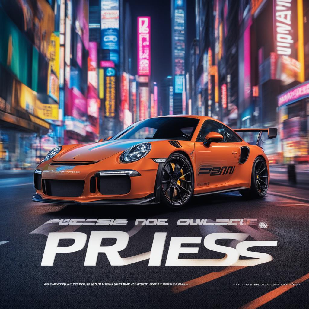 A vibrant magazine advertisement featuring a Porsche GT3 RS with a bodykit, vinyl graphics, and neon lights, set against a Tokyo-style backdrop