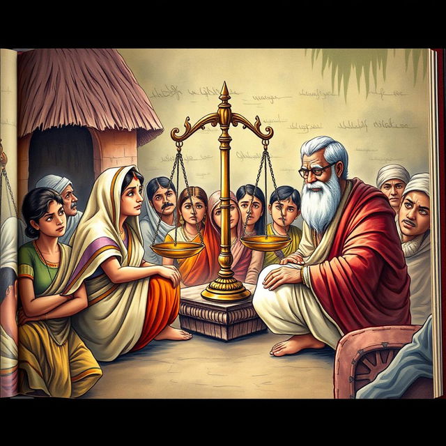 A captivating cover page depicting a rural panchayat scene, where Khala, Jumman Miyan, and Alguh Chaudhary are seated face to face