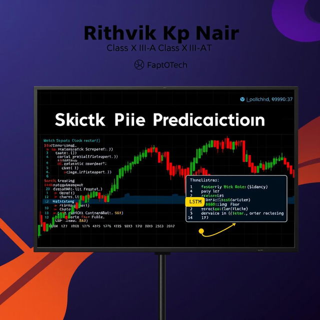 A visually striking presentation slide showcasing stock price predictions using LSTM (Long Short-Term Memory networks) and Dash