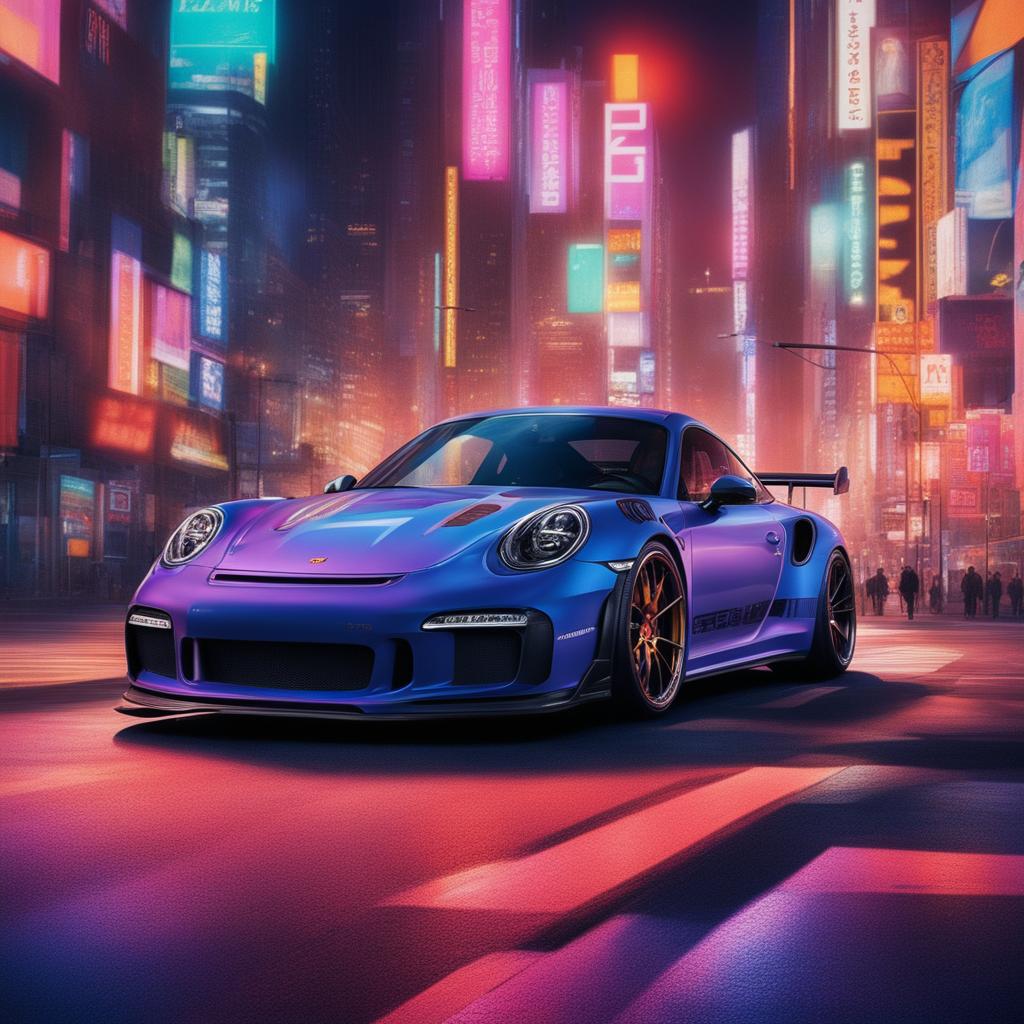 A vibrant magazine advertisement featuring a Porsche GT3 RS with a bodykit, vinyl graphics, and neon lights, set against a Tokyo-style backdrop