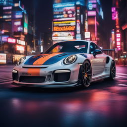 A vibrant magazine advertisement featuring a Porsche GT3 RS with a bodykit, vinyl graphics, and neon lights, set against a Tokyo-style backdrop