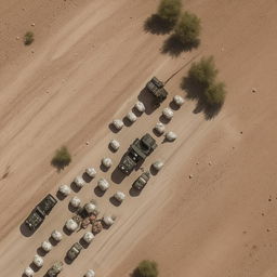 aerial view on 2 armored vehicles on a one-lane freeway followed by 10 combatants in military fatigue