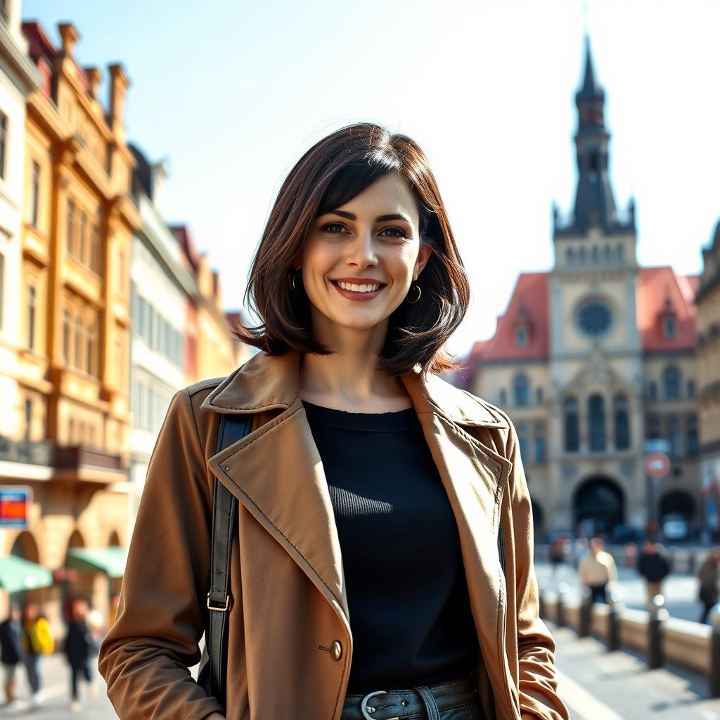 A German woman aged 30-35 years, dressed elegantly in fashionable attire