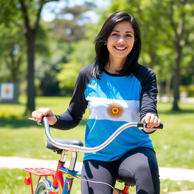 A 35-year-old Argentine woman sitting on a bicycle, wearing a long-sleeved shirt featuring designs of the Argentine flag and soccer balls