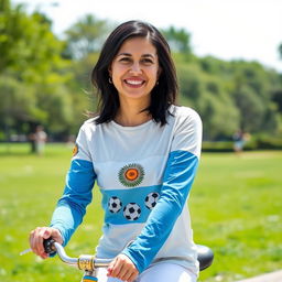 A 35-year-old Argentine woman sitting on a bicycle, wearing a long-sleeved shirt featuring designs of the Argentine flag and soccer balls