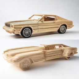 The image depicts a meticulously crafted 1976 Mustang car, made entirely from wooden matchsticks