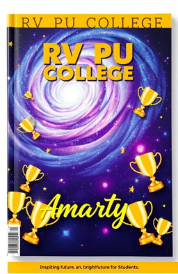 A vibrant and engaging book cover for a school magazine titled "RV PU COLLEGE" at the top, prominently displayed in bold, modern font
