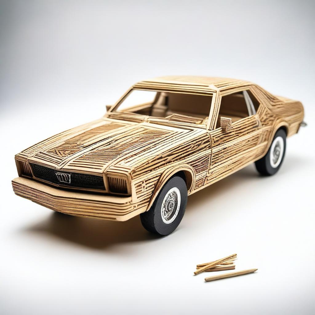 The image depicts a meticulously crafted 1976 Mustang car, made entirely from wooden matchsticks