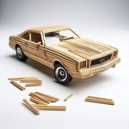 The image depicts a meticulously crafted 1976 Mustang car, made entirely from wooden matchsticks