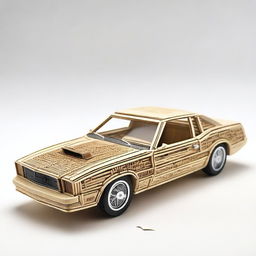 The image depicts a meticulously crafted 1976 Mustang car, made entirely from wooden matchsticks