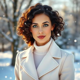 A 40-year-old woman with dark chestnut, shoulder-length curly hair, striking green eyes, and fair glowing skin