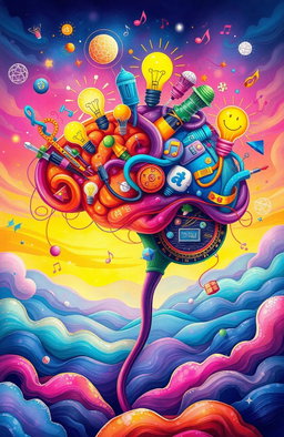 A detailed and vibrant illustration of a creative person's brain, overflowing with ideas and inspiration