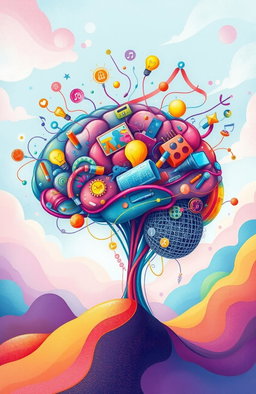 A detailed and vibrant illustration of a creative person's brain, overflowing with ideas and inspiration