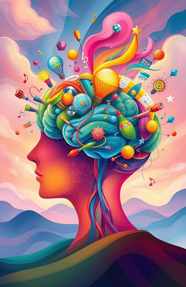 A detailed and vibrant illustration of a creative person's brain, overflowing with ideas and inspiration