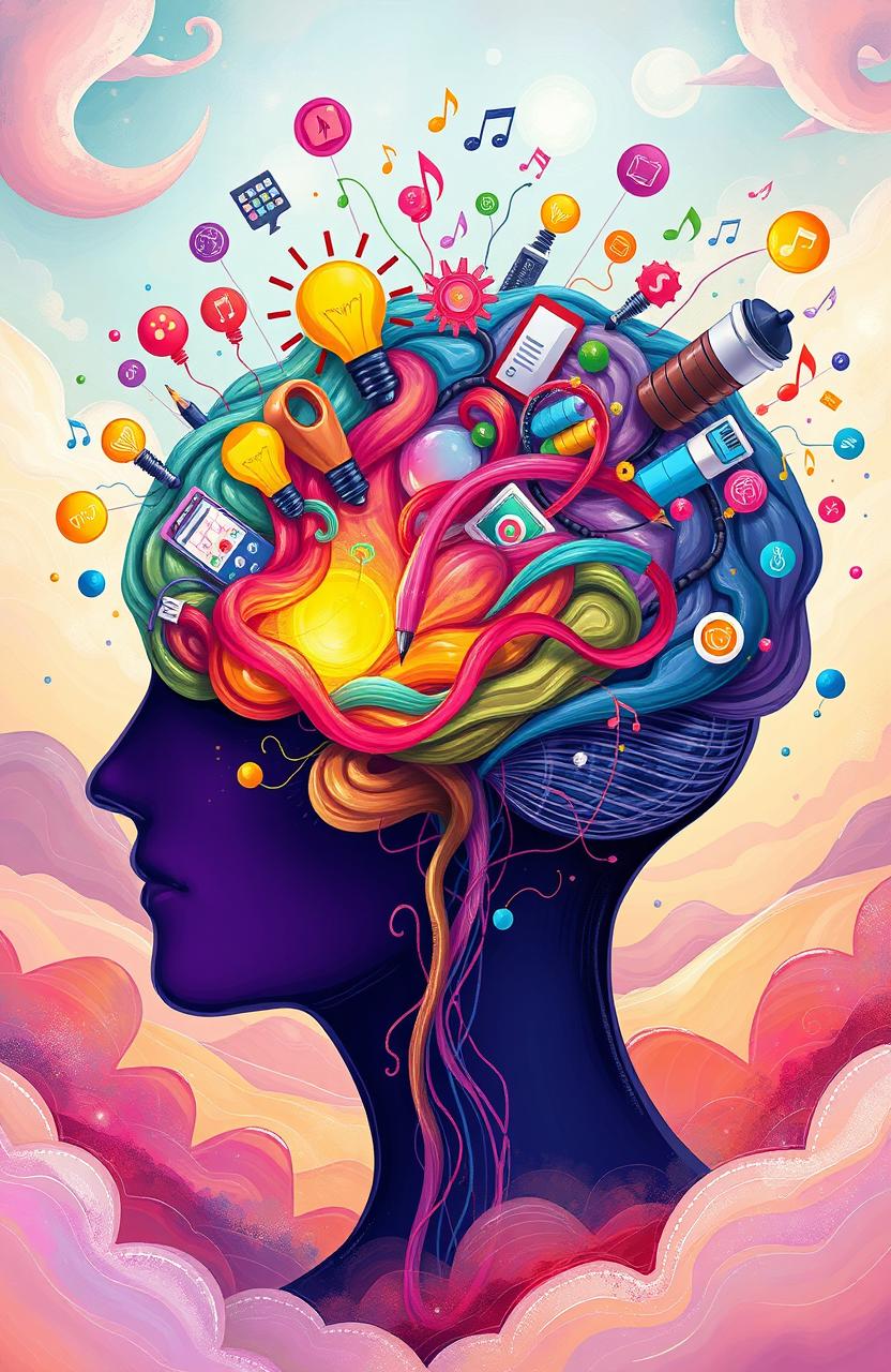 A detailed and vibrant illustration of a creative person's brain, overflowing with ideas and inspiration