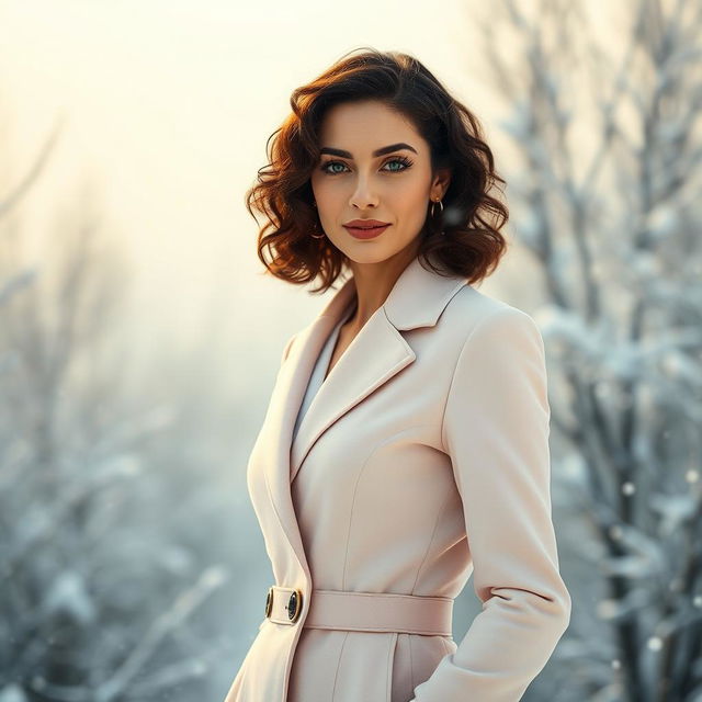 A 40-year-old woman with dark chestnut, shoulder-length curly hair, striking green eyes, and fair glowing skin