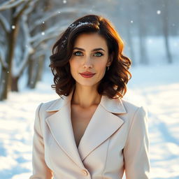 A 40-year-old woman with dark chestnut, shoulder-length curly hair, striking green eyes, and fair glowing skin