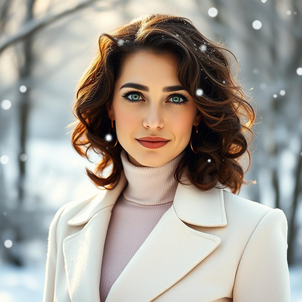 A 40-year-old woman with dark chestnut, shoulder-length curly hair, striking green eyes, and fair glowing skin