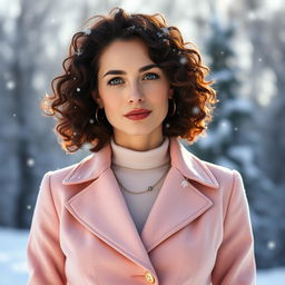 A 40-year-old woman with dark chestnut, shoulder-length curly hair, striking green eyes, and fair glowing skin