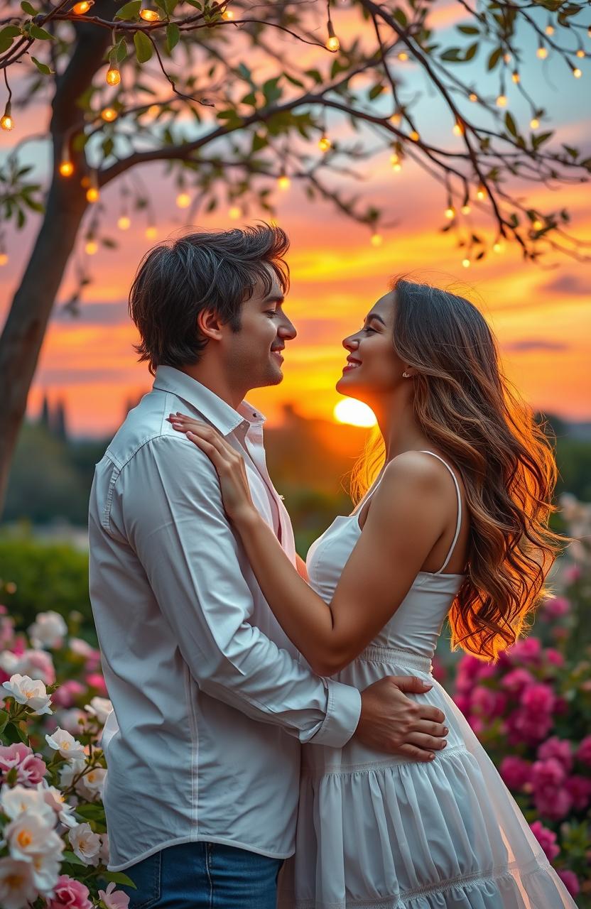 An enchanting scene of love, featuring a couple embracing passionately in a romantic outdoor setting at sunset