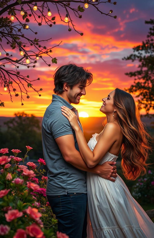 An enchanting scene of love, featuring a couple embracing passionately in a romantic outdoor setting at sunset